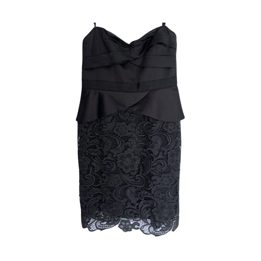 BCBGMaxazria Dress Womens Size 12 Black Strapless Lace Peplum Cocktail Midi NWT